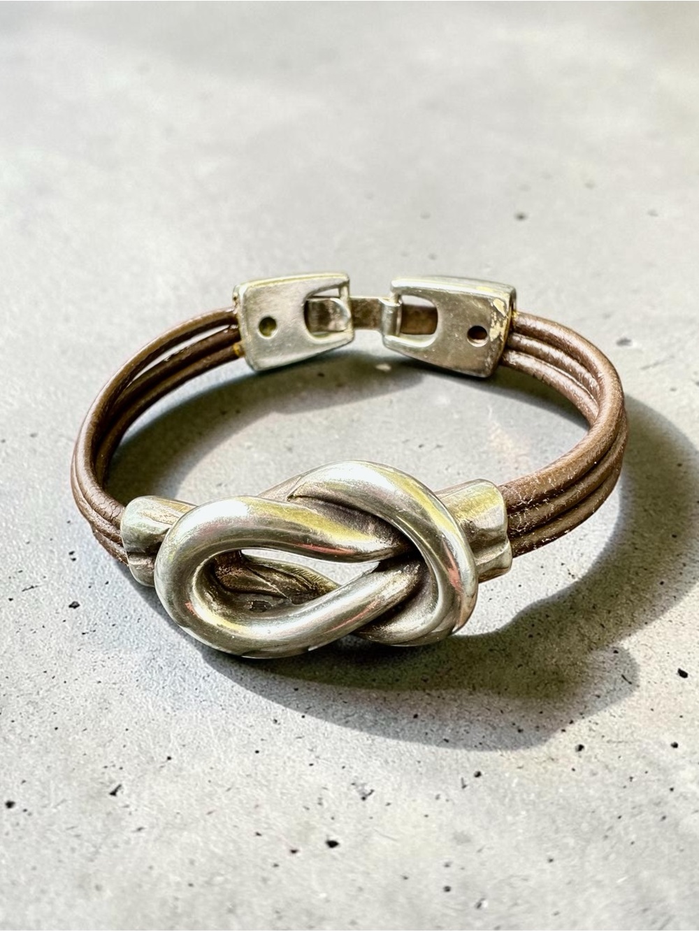 Vintage 925 Sterling Silver & Brown Multi-Strand Leather Knot Bracelet 7.5”